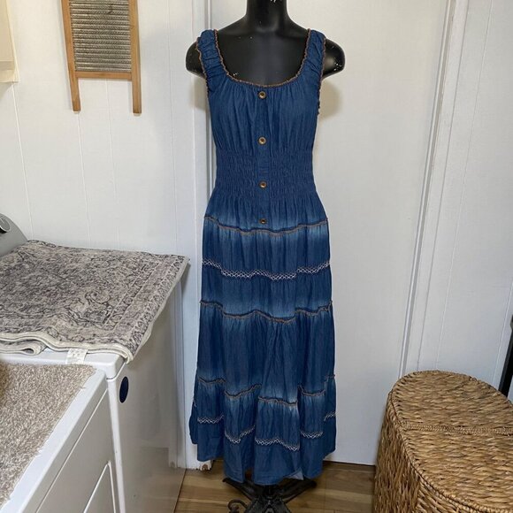 LAPIS Chambray Cotton Tiered Maxi Dress in Blue Size Large - Picture 2 of 7